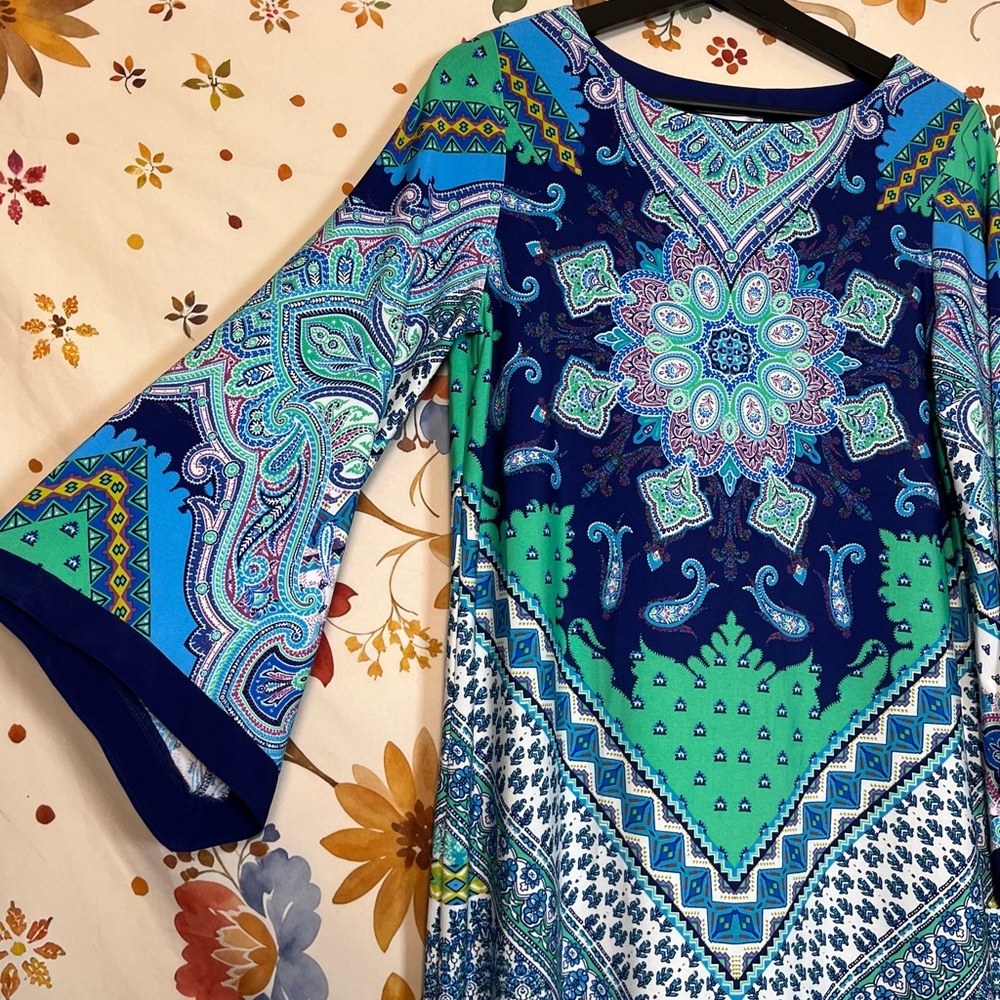 Sandra Darren 8 Boho Blue Green Flared Summer Colorful City Preppy Dress